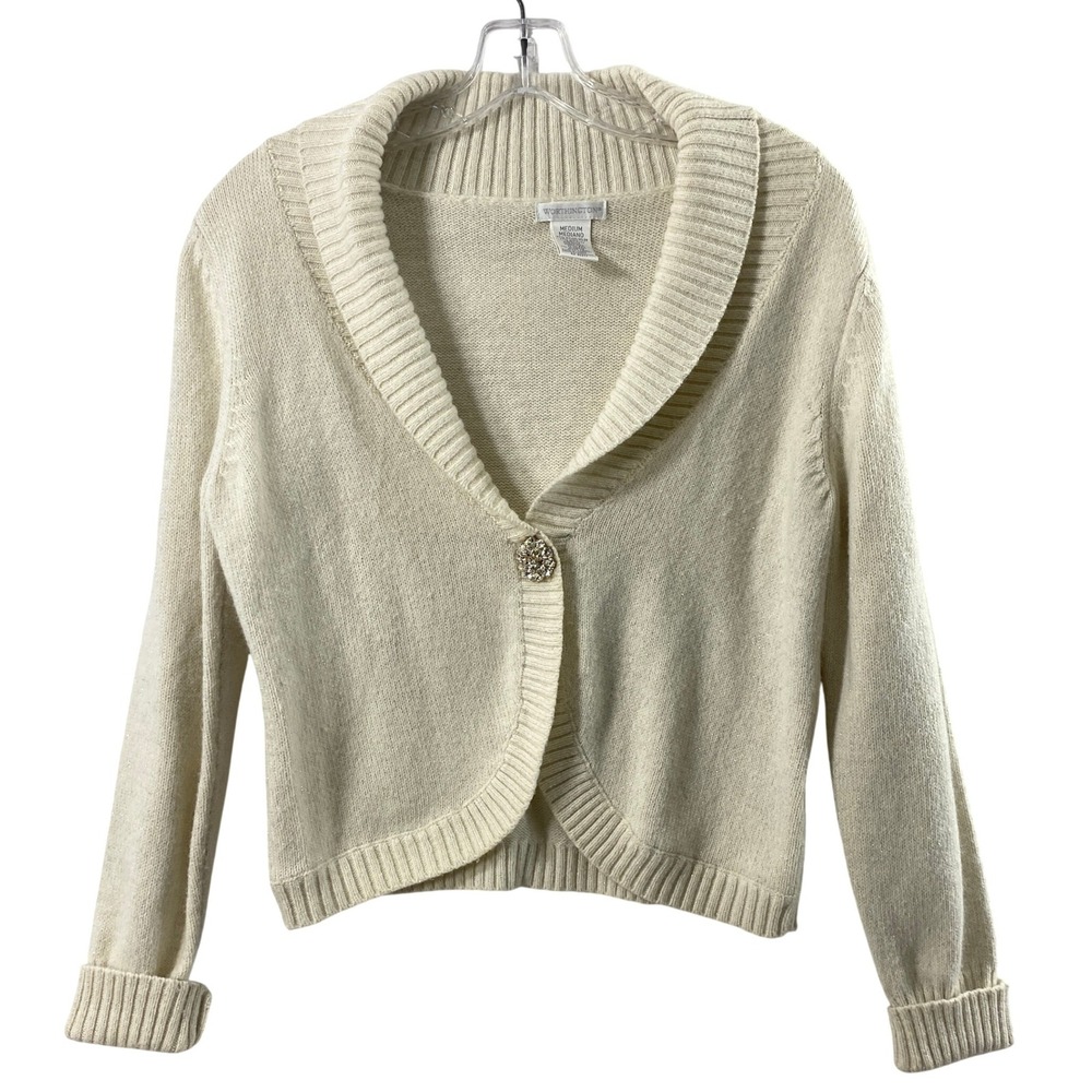 Worthington Cardigan Women Medium Cream Silver Glitter Rhinestone Button Sparkle